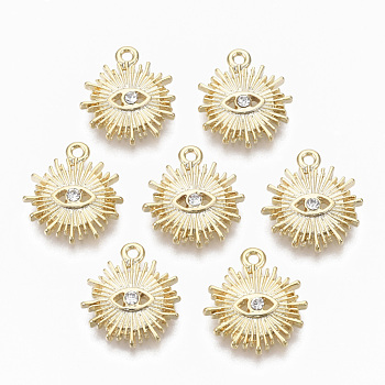 Alloy Pendants, with Crystal Rhinestone, Cadmium Free & Nickel Free & Lead Free, Sun with Eye, Real 18K Gold Plated, 16.5x15x3mm, Hole: 1.5mm