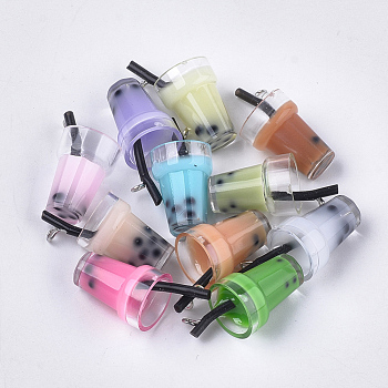 Plastic Cup Pendants, with Resin Inside and Iron Findings, Imitation Bubble Tea/Boba Milk Tea, Mixed Color, 23~28x13~17x13mm, Hole: 1.8mm