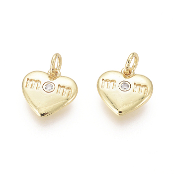 Golden Plated Brass Charms, with Cubic Zirconia and Jump Rings, Heart with Word Mom, for Mother's Day, Clear, 11x11x2mm, Hole: 2.5mm