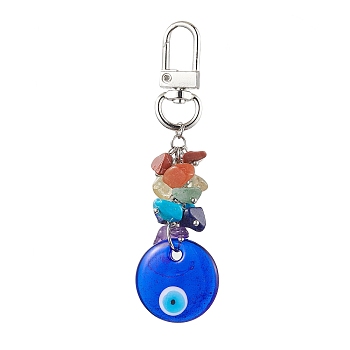 Blue Evil Eye Lampwork Pendant Decooration, 7 Chakra Natural & Synthetic Gemstone Chip Beads & Swivel Clasps Charms for Bag Ornaments, Flat, 88mm