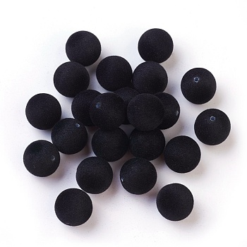 Flocky Acrylic Beads, Half Drilled, Round, Black, 16mm, Hole: 1.6mm