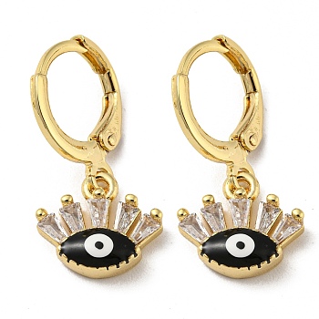 Real 18K Gold Plated Brass Dangle Leverback Earrings, with Enamel and Glass, Evil Eye, Black, 23x11.5mm