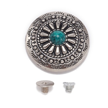 Alloy Buttons, with Imitation Synthetic Turquoise & Iron Screw, Flower, Antique Silver, 25x8mm