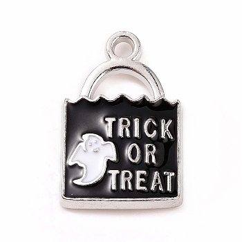 Halloween Alloy Enamel Pendants, Lock with Ghost & Word Trick or Treat Charm, Platinum, 24x15.5x3mm, Hole: 2mm