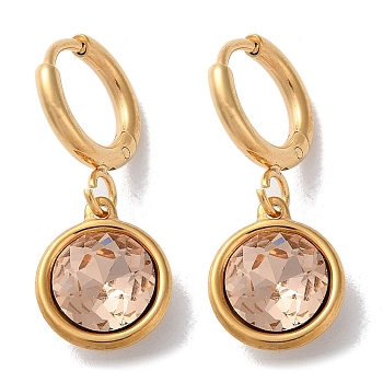 PVD Vacuum Plating 304 Stainless Steel Hoop Earrings, with Rhinestone, Flat Round, Smoked Topaz, 26x10.5mm