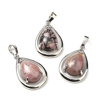 Natural Rhodonite Pendants, Teardorp Charms, with Rack Plating Platinum Tone Brass Findings, Cadmium Free & Lead Free, 30.5x20x8mm, Hole: 8x5mm