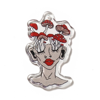 Printed Transparent Acrylic Pendants, Mushroom Girl Charm, 41.5x24x2.3mm, Hole: 2mm