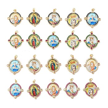 Brass Micro Pave Cubic Zirconia Pendants, with Jump Ring and Glass, Real 18K Gold Plated, Oval with Virgin Mary, Mixed Color, 35x28.5x3mm, Jump Ring: 5x0.8mm, Inner Diameter: 3.4mm