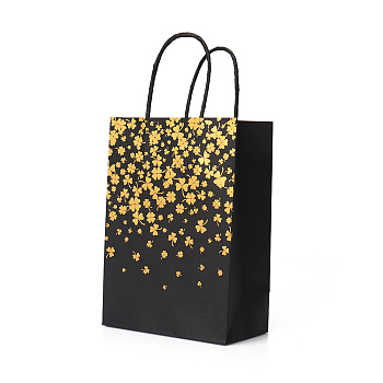 Stamping Style Kraft Paper Bags, with Handle, Gift Bags, Shopping Bags, Rectangle, Clover Pattern, 15x8x21cm