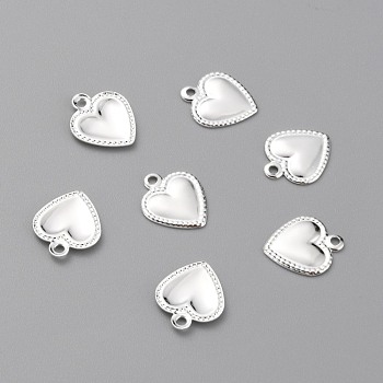 Brass Charms, Long-Lasting Plated, Heart, 925 Sterling Silver Plated, 9.5x8x0.7mm, Hole: 1mm