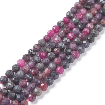 Natural Red Corundum/Ruby and Sapphire Beads Strands, Faceted, Round, 4mm, Hole: 0.6mm, about 96pcs/Strand, 15.35 inch(39cm)