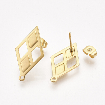 304 Stainless Steel Stud Earring Findings, with Ear Nuts/Earring Backs, Rhombus, Golden, 24x13.5mm, Hole: 1.2mm, Side Length: 12mm, Pin: 0.7mm
