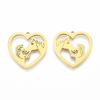 Ion Plating(IP) 201 Stainless Steel Pendants, Heart with Girl & Horse, Real 18K Gold Plated, 24.5x25x1.5mm, Hole: 1.5mm