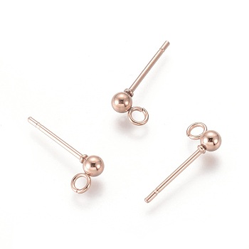 304 Stainless Steel Ball Stud Earring Post, Earring Findings, with Loop, Round, Rose Gold, 14x3mm, Hole: 2mm, Pin: 0.8mm, Round: 3mm