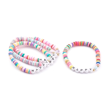 Rainbow Polymer Clay Heishi Beaded Stretch Bracelets for Valentine's Day, Letter Beaded Stackable Bracelets, Smile Face, Word Love, Mixed Color, Inner Diameter: 2-1/4 inch(5.8cm)