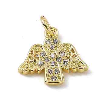Brass Micro Pave Clear Cubic Zirconia Pendants, Angel Charms, with Open Jump Rings, Real 18K Gold Plated, 12.5x13.5x1.5mm, Hole: 2.7mm