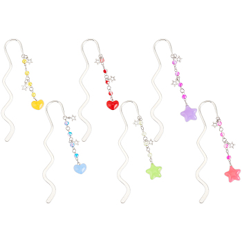 Alloy Hair Stick, with Glass & Acrylic Charm, for Woman Girl, Heart & Star, Mixed Color, 220~226mm, 6pcs/set