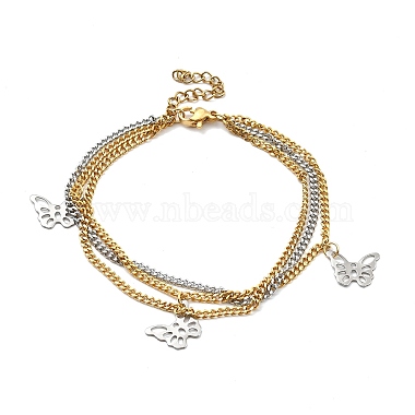 Two Tone 304 Stainless Steel Curb Chains Triple Layer Multi-strand Bracelet with Charms for Women(BJEW-C025-12)-2