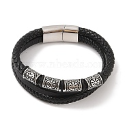 Braided Microfiber Leather Multi-strand Bracelets, 304 Stainless Steel Viking Symbol Bracelets for Men, Antique Silver, 8-5/8x3/4 inch(22x2cm)(BJEW-B096-02B)