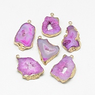 Natural Druzy Agate Pendants, with Golden Tone Iron Findings, Dyed, Nuggets, Orchid, 20~60x13~50x4~8mm, Hole: 1~4mm(G-Q494-65D-G)