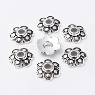 Tibetan Style Alloy Bead Caps, Lead Free & Cadmium Free, Flower, Antique Silver, about 15mm in diameter, 3mm thick, hole: 4mm(LF10362Y)