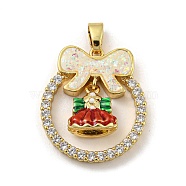 Christmas Brass Micro Pave Cubic Zirconia Pendant, with Enamel and Synthetic Opal, Christmas Wreath, Seashell Color, 25.5x22.5x6mm, Hole: 5x3mm(KK-H468-01C-01G)