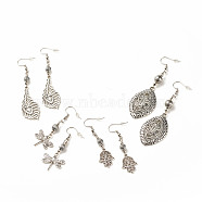 5 Pairs 5 Style Horse Eye & Dragonfly & Feather & Hamsa Hand & Donut Alloy Dangle Earring, Long Drop Earrings for Women, Antique Silver, 76~79mm, Pin: 0.7mm, 1 Pair/style(EJEW-JE04911)