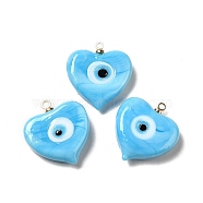 Handmade Lampwork Pendants, with Real 18K Gold Plated Plated Brass Finding, Cadmium Free & Lead Free, Heart with Evil Eye, Light Sky Blue, 19.5x18.2x5mm, Hole: 1.4mm(LAMP-E030-01G-02)