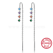 Rhodium Plated 925 Sterling Silver Chains Ear Thread, Colorful Cubic Zirconia Stud Earrings, Platinum, 60mm(GV6300-1)