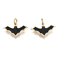 316 Surgical Stainless Steel Enamel Charms, with Jump Rings, for Halloween, Bat, Real 14K Gold Plated, 9x14.5x1mm, Jump Ring: 3.8x0.6mm, 2.6mm inner diameter(STAS-S116-384G)