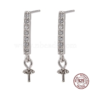 Rhodium Plated 925 Sterling Silver Stud Earring Findings, with Cubic Zirconia, For Half Drilled Beads, Rectangle, Clear, Platinum, 20x2mm, Pin: 0.5mm and 0.6mm(STER-L057-052P)