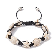 Synthetic Turquoise Starfish & Turtle Braided Bead Bracelet, with Polyester Cord, Floral White, Inner Diameter: 2-1/4~3-1/8 inch(5.8~8.05cm)(BJEW-TA00388-02)