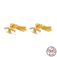 925 Sterling Silver Micro Pave Clear Cubic Zirconia Stud Earring Findings, Tassel Front Back Earring Findings for Half Drilled Beads, with S925 Stamp, Real 18K Gold Plated, 5x11mm, Pin: 10.5x0.7mm and 0.7mm(STER-Q192-19G)
