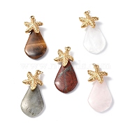 Natural Mixed Gemstone Pendants, Teardrop Charms, with Ion Plating(IP) Golden Tone 304 Stainless Steel Starfish Findings, 39.5~40x18.5~19x7~7.5mm, Hole: 3.5mm(G-I343-02)