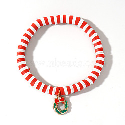 Elegant Christmas Handmade Polymer Clay Heishi Beaded Stretch Bracelets, Enamel Charm Bracelets for Women, Christmas Wreath, 6-7/8 inch(17.5cm)(MV9996-2)