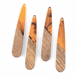 Resin & Walnut Wood Pendants, Teardrop, Orange, 44x7.5x3mm, Hole: 1.5mm(RESI-S389-039A-A01)