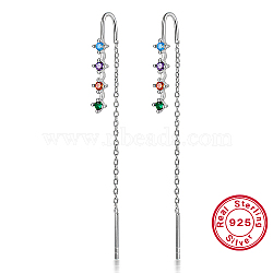 Anti-Tarnish Rhodium Plated 925 Sterling Silver Chains Ear Thread, Colorful Cubic Zirconia Stud Earrings, Platinum, 60mm(GV6300-1)