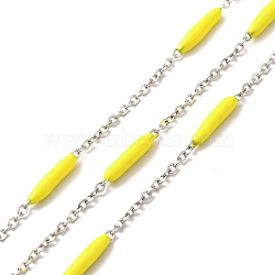 Enamel Column Link Chains, with 304 Stainless Steel Cable Chains, Unwelded, with Spool, Yellow, 14~17x2~3mm and 1.5x2x0.5mm, about 32.81 Feet(10m)/Roll(STAS-P301-03P-10)
