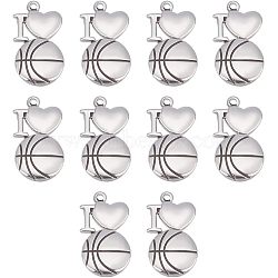 10Pcs 304 Stainless Steel Pendants, Laser Cut, I Love with Basketball, Stainless Steel Color, 28.5x16x2.5mm, Hole: 2mm(STAS-UN0039-49)