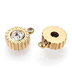Ion Plating(IP) 304 Stainless Steel Charms, with Glass, Flat Round Charm, Real 18K Gold Plated, 7x5x3mm, Hole: 1.2mm(STAS-Q254-33G)