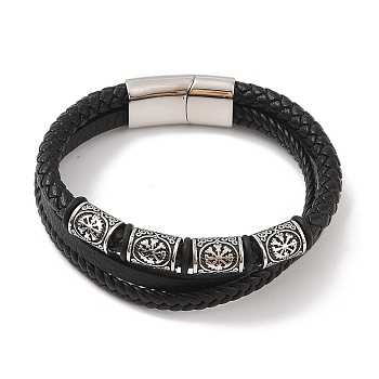 Braided Microfiber Leather Multi-strand Bracelets, 304 Stainless Steel Viking Symbol Bracelets for Men, Antique Silver, 8-5/8x3/4 inch(22x2cm)