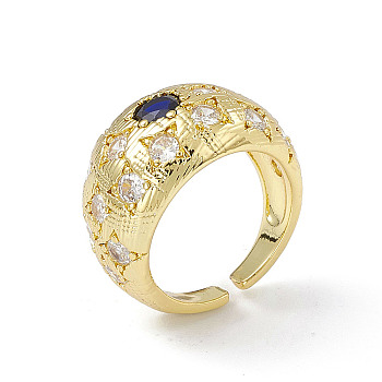 Cubic Zirconia Dome Open Cuff Ring, Golden Brass Jewelry for Women, Dark Blue, Inner Diameter: 17.2mm
