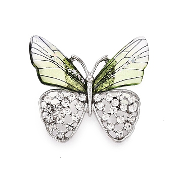 Alloy Crystal Rhinestone Butterfly Brooch Pins with Glitter Epoxy Resin for Clothes Backpack, Platinum, Yellow Green, 34x35~37.5x10mm