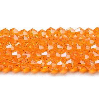 Transparent Electroplate Glass Beads Strands, Pearl Luster Plated, Faceted, Bicone, Orange, 2.9~3.3x2.5mm, Hole: 0.7mm, about 145~150pcs/strand, 16.34~16.54 inch(41.5~42cm)