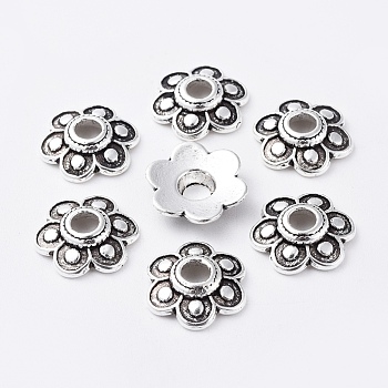 Tibetan Style Alloy Bead Caps, Lead Free & Cadmium Free, Flower, Antique Silver, about 15mm in diameter, 3mm thick, hole: 4mm