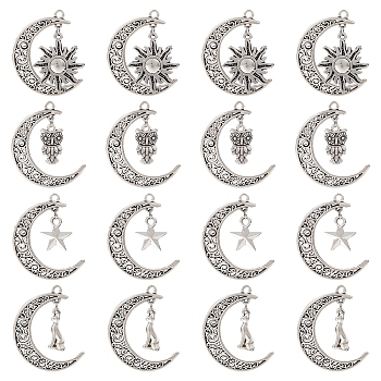 20Pcs 4 Style Tibetan Style Alloy Pendants, Hollow Moon Charms, Mixed Shapes, Hollow Moon: 41x30x2mm, Hole: 3mm, 5pcs/style