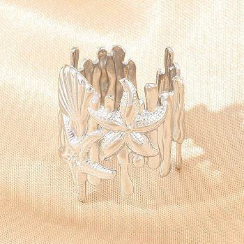 304 Stainless Steel Cuff Open Rings for Women, Starfish with Shell Shape, Stainless Steel Color, 23.5mm, US Size 9 3/4(19.5mm)