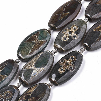Tibetan Style dZi Beads, Natural Agate Beads Strands,  Dyed & Heated, Oval, Lighting & 5-Eye Pattern, Sea Green, 39~40x20~24x9~11mm, Hole: 2.5mm, about 8pcs/strand, 14.96 inch(38cm)