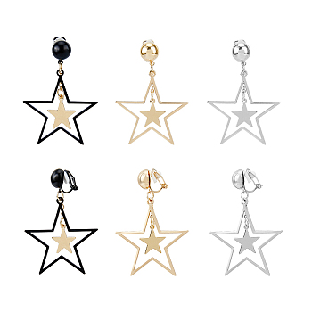 3 Pairs 3 Colors Brass Clip-on Earrings, Iron Star Drop Earrings for Women, Mixed Color, 55.5x38mm, 1 pair/color