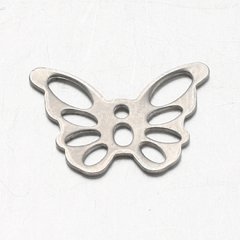 Butterfly 304 Stainless Steel Charms, Stainless Steel Color, 10.5x15x0.6mm, Hole: 1mm